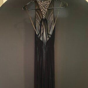 Alyce Black Velvet High Neck Open Back Floor Length Evening Gown